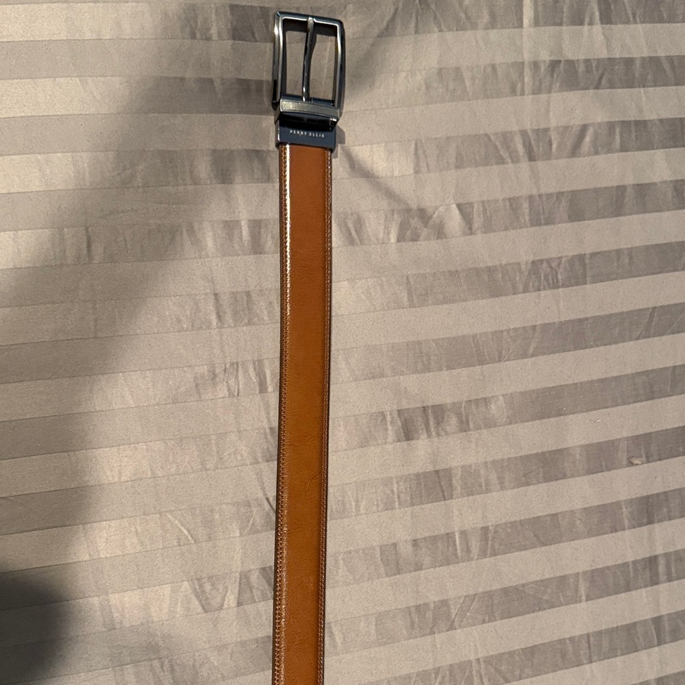 Perry Ellis Tan Brown Leather Belt with Silver Buckle